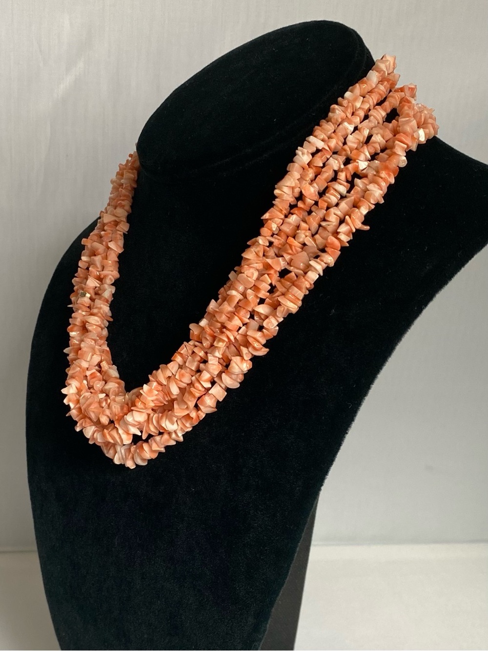 16” Six Strand Coral Chip Necklace with gold filled filigree clasp - Picture 9 of 12